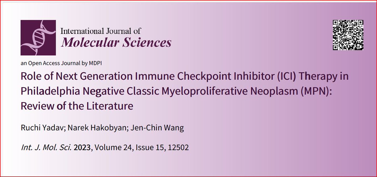Advances in cancer immunotherapy: 3.0
My latest publication in IJMS: Role of next generation ICI therapy in Ph-ve Classic MPN- Review of the literature
#CancerResearch #Hemoncofellowship
#Immunotherapy #immunooncology 
<a href="/OBHBrookdaleIM/">Brookdale University Hospital IM Residency Program</a> <a href="/onebklynhealth/">One Brooklyn Health</a> 

mdpi.com/2423398