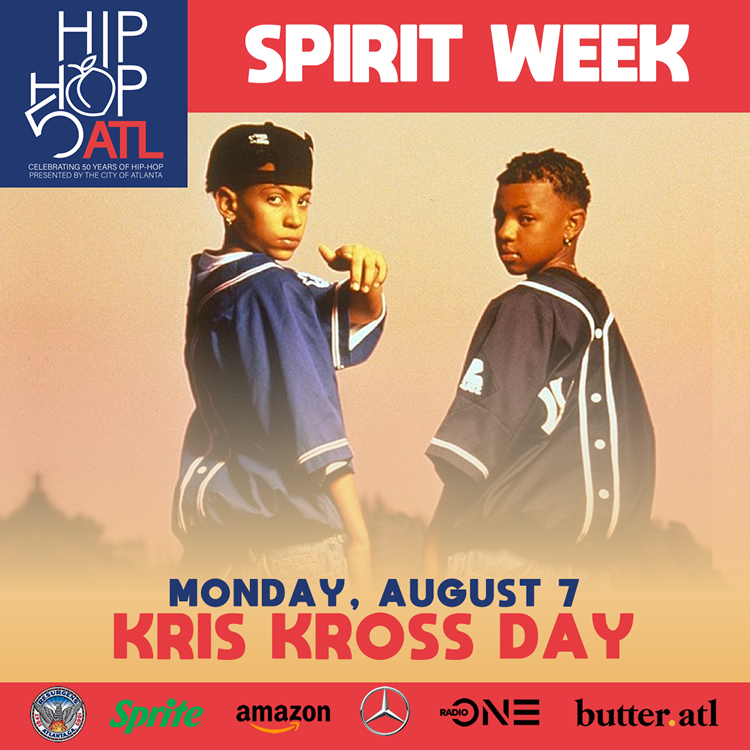 CityofAtlanta's tweet photo. We're kicking off #AtlantaSpiritWeek with Kris Kross Day. Pick out your best backwards gear & pay tribute to the Atlanta duo who made us all wanna "Jump"! Share your best Kriss Kross-inspired outfits with the hashtag #KrisKrossATL.
โน๏ธ: https://t.co/eheOZyypB7
#ATL50HipHop https://t.co/ogPf4yt0OI
