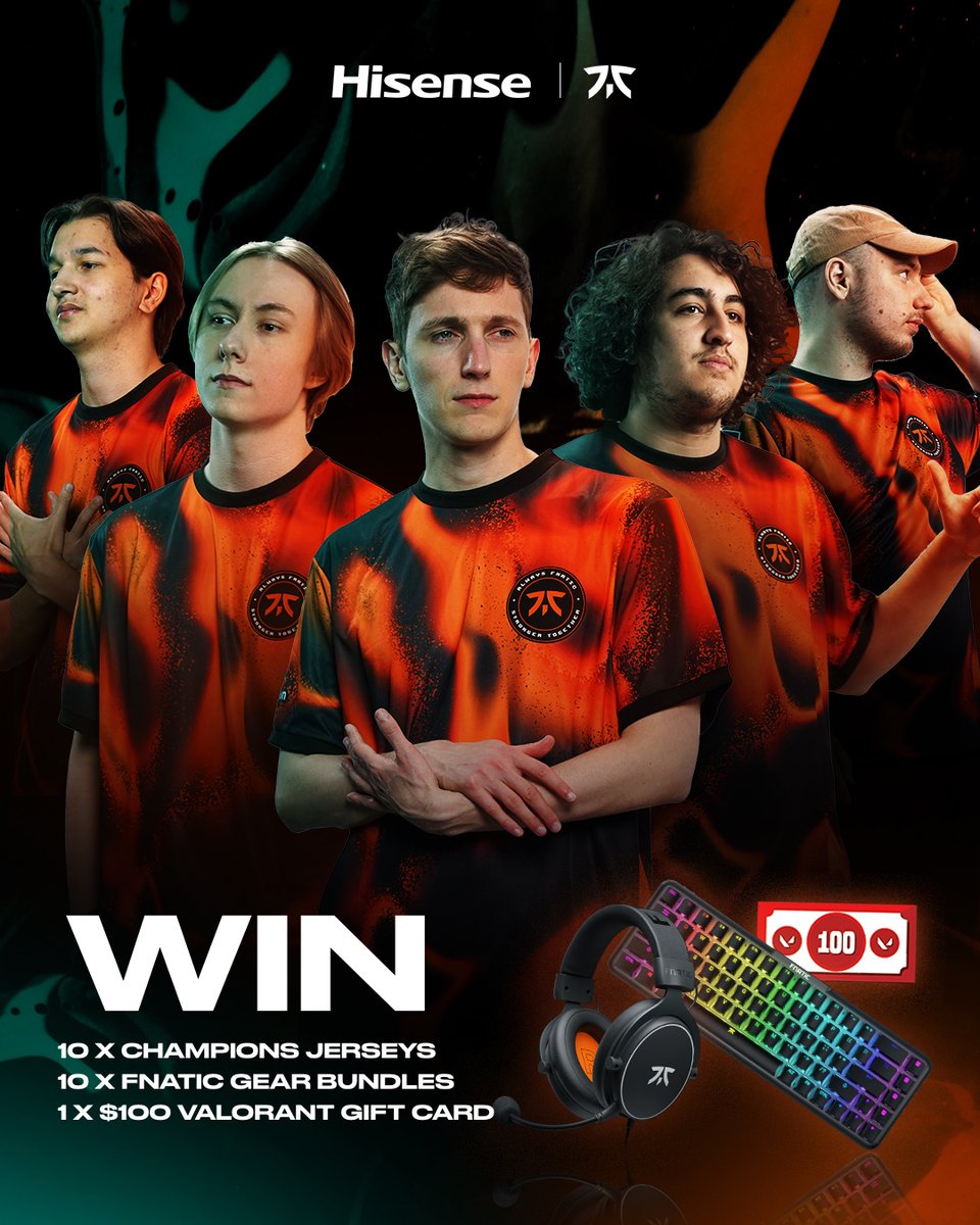 FNATIC's tweet image. We're teaming up with @HisenseSports to giveaway 10x Champions Jerseys, @FNATICGEAR bundles and a $100 VALORANT Giftcard to celebrate #VALORANTChampions!

To enter, simply like this tweet &amp;amp; reply with your favourite Fnatic Valorant GIF!