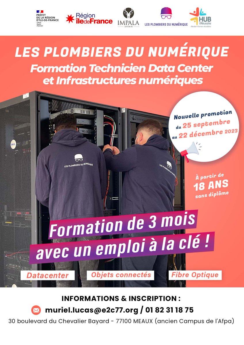 École de la 2e Chance en Seine et Marne (@e2c77) on Twitter photo 📣 Nouvelle promotion <a href="/PlombiersDuNum/">Les Plombiers du Numérique</a> démarrera le 25/09 à l'<a href="/E2C77/">École de la 2e Chance en Seine et Marne</a> #Numérique <a href="/Villedemeaux/">Ville de Meaux</a>
🎓 Formation Technicien #DataCenter #Infrastructuresnumériques #Objetsconnectés #FibreOptique
👉🏻 Informations et/ou Inscription : muriel.lucas@e2c77.org / 01 82 31 18 75 📣 Nouvelle promotion <a href="/PlombiersDuNum/">Les Plombiers du Numérique</a> démarrera le 25/09 à l'<a href="/E2C77/">École de la 2e Chance en Seine et Marne</a> #Numérique <a href="/Villedemeaux/">Ville de Meaux</a>
🎓 Formation Technicien #DataCenter #Infrastructuresnumériques #Objetsconnectés #FibreOptique
👉🏻 Informations et/ou Inscription : muriel.lucas@e2c77.org / 01 82 31 18 75