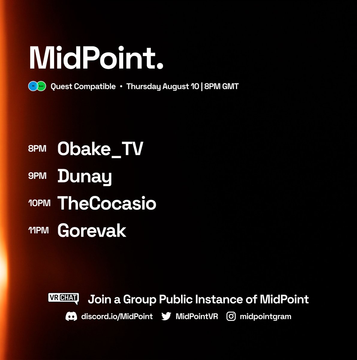 MidPointVR's tweet photo. This Thursday at the #MidPoint venue in #VRChat.
#QuestCompatible and optimized.
Starting time in different timezones:
9PM BST
10PM CEST
4PM EDT
5AM JST
https://t.co/RDJWRn6cjy
Avatars rated as Very Poor are not permitted.
#vrchatevents #DrumandBass #DnB #EDM #House #VRC #VRDJs https://t.co/YgqNgp7mCZ