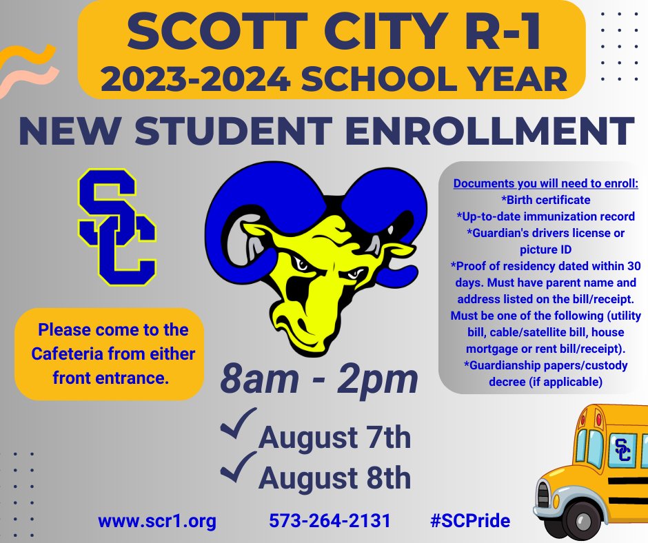 Enrollment for NEW students for the 2023-2024 is today and tomorrow (Aug 7th and 8th) from 8am to 2pm. Please see the flyer for more information about what you need to bring to enroll your student. We are ready to meet our new Rams! #SCPride