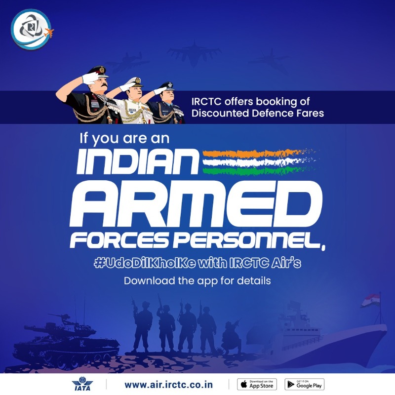 IRCTCofficial's tweet photo. Our #special #DefenceFares offers personnel of #Indian #ArmedForces &amp; #CentralArmed #PoliceForces and their dependents reasons galore to #UdoDilKholKe. 

To avail the #offer, visit https://t.co/fLKvfBMuK7 or download #IRCTCAir app 
#azadikirail