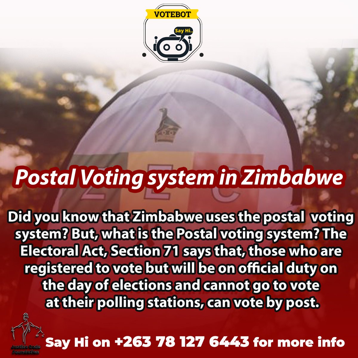 Justice_Code's tweet photo. What do you know about #PostalVote?
Do you want to know more about it? Say "hi" to the number below.
#VoteBot. https://t.co/OLAPT9GgZ1