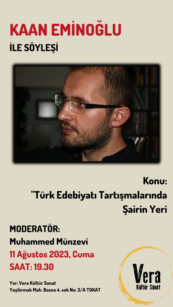 Cuma günü Tokat'ta Vera Kültür Sanat'ta sevgili Muhammed Münzevi'nin konuğu olacağım. Sıkı bir sohbet olacak; yolu düşen, yolunu düşüren herkesi beklerim.