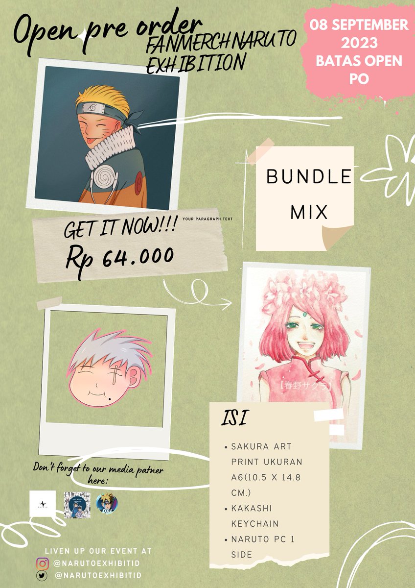 NarutoExhibitID's tweet photo. Per bundle:

(BUNDLE MIX) 
*•Bundle MIX VERSION (art print Sakura)+ (GANCI Kakashi) +  (PC 1 SISI Naruto) = 64.000 https://t.co/hSKEYsgtZj
