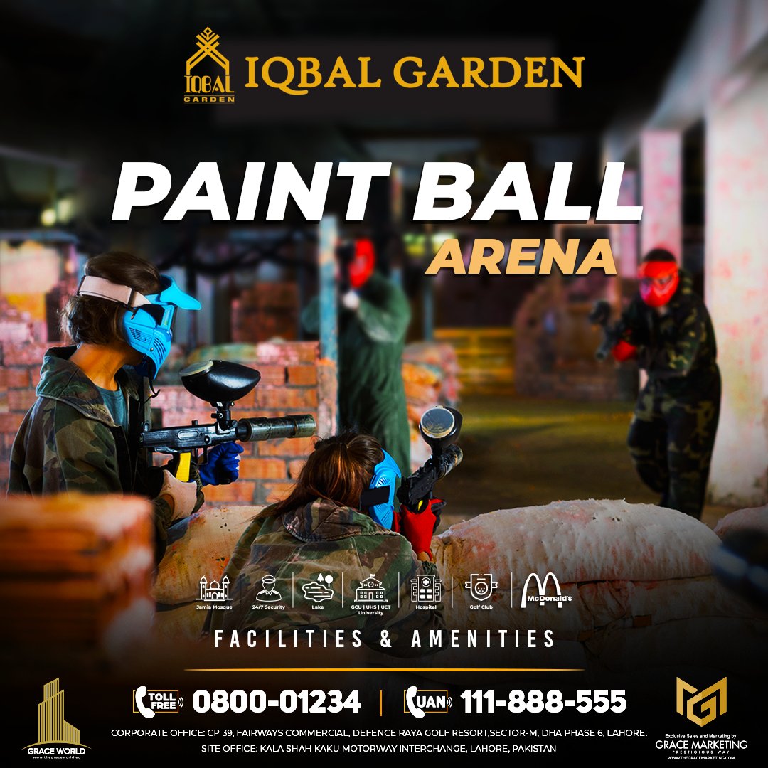IqbalGarden's tweet photo. Get ready for an immersive adventure that will leave you wanting more.
IQBAL GARDEN PaintBall Arena Coming soon...
For details:
Toll-free: 0800 01234
#IqbalGarden #development #paintballarena #Facilities #OutdoorGames #Fun #Amenities #Developers #builders #plots #Road #Lifestyle https://t.co/GjUvlmM6J9