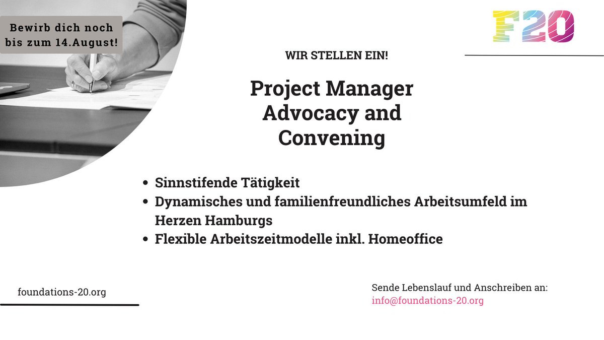 📢 Bewirb dich jetzt bis 14.08.2023 für unsere Projektmanager:in Advocacy &amp; Convening Stelle! 
Koordiniere alle Aktivitäten der F20-Plattform in den Bereichen Klima, erneuerbare Energien, nachhaltige Finanzen &amp; Biodiversität. 
Alle Infos &amp; Bewerbung 👉foundations-20.org/hiring-project…