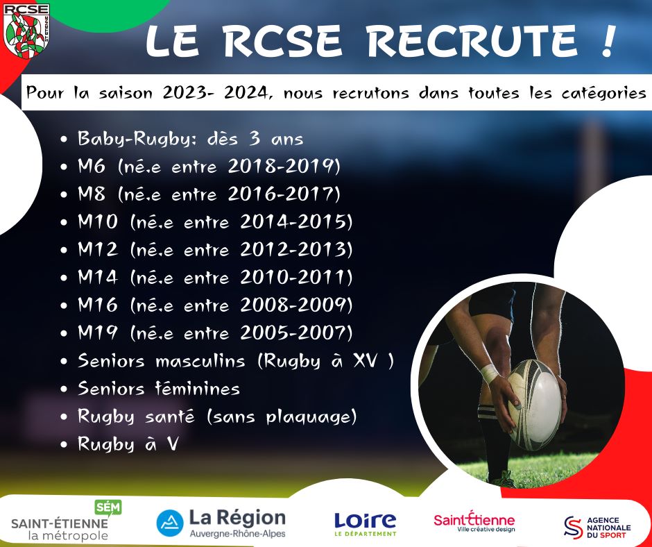 RCSE_officiel's tweet photo. Rejoignez-nous et jouons ensemble !
Inscriptions: https://t.co/HwlPzDYtNq
#rugby #ffr #rcse #saintetienne #loire #edr #ecolederugby #rugbyav #rugbyatoucher #nefaisonsxv #regionauvergnerhonealpes #departementloire
#villedesaintetienne
#agencenationaledusport https://t.co/SP2mIbAdwY