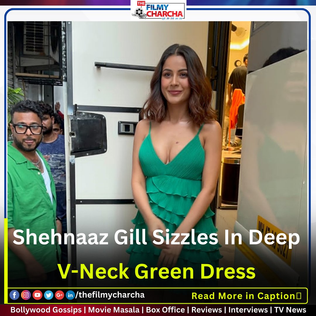 thefilmycharcha's tweet photo. Shehnaaz Gill exudes confidence and oomph as she dons a stunning deep-cut green dress, setting hearts ablaze with her hot style. Her glamorous look leaves fans mesmerized! 🔥 #ShehnaazGill #HotDress #Fashionista #SlayingTheLook #CelebrityStyle" #FashionGoals #GlamorousLook #BeautyInspiration #StylishDivas #SizzlingFashion