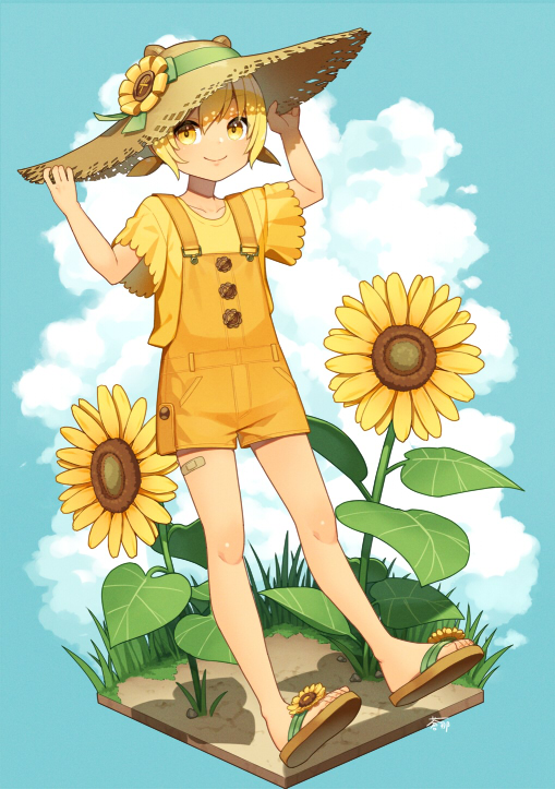 hat sunflower flower solo blonde hair overalls 1girl  illustration images