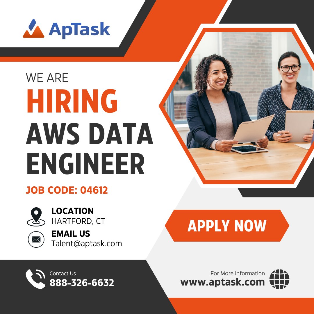 MyApTask's tweet image. We are #hiring! The #awsdataengineer will be responsible for designing, building, and maintaining our data infrastructure on #AWS. Submit resume at- Talent@aptask.com , Visit aptask.com/careers/ #hartford #CT #awsdevops #awsengineer #awsjobs #awsdataengineers