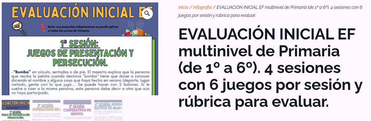 EVALUACIÓN INICIAL EF, multinivel de 1º a 6º Primaria. 4 sesiones con 6 juegos por sesión y rúbrica de aprendizajes. 
1ª sesión juegos presentación y persecución.
2ª juegos cooperativos parejas.
3ª juegos coop. pequeños grupos.
4ª juegos coop. gran grupo.
bibliosport.com/producto/evalu…