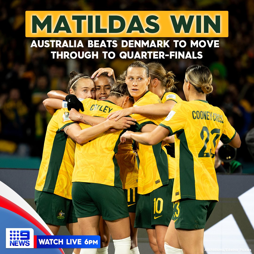 9NewsAUS's tweet photo. #BREAKING: AUSSIE AUSSIE AUSSIE.

The Matildas have sensationally beat Denmark 2-0, slingshotting them into the World Cup quarter-finals.

In a thrilling showdown, Caitlin Foord stepped up to open the scoring, seeing the Aussies’ claim victory at Accor Stadium. #9News https://t.co/kte25YXSjM