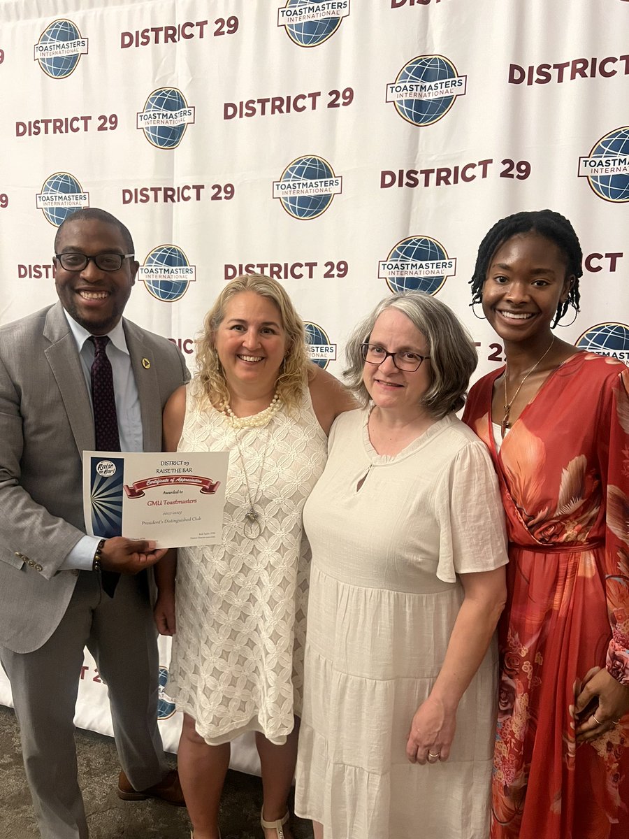 Yesterday, officers from <a href="/gmutoastmasters/">GMU Toastmasters</a> attended the @district29toastmasters “Hail and Farewell Gala” to celebrate the past 2022-2023 Toastmasters Year. Our club is was awarded for earning Presidential Distinguished Status for our work! Great job GMU!