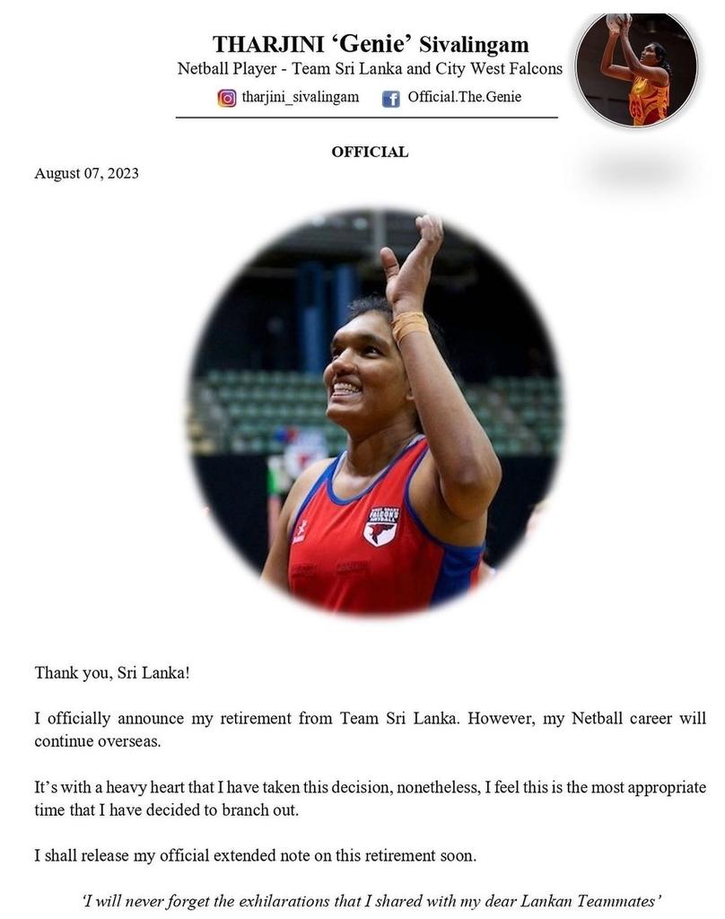 Chaththa_R's tweet photo. Genie retires officially 🇱🇰 

Thank you Legend 🇱🇰  for taking our netball beyond Asia.

#Slnetball #NetballWorldCup2023 #GENIE #Tharjiniesivalingam #ChaththaNews https://t.co/N82sp2LsrX