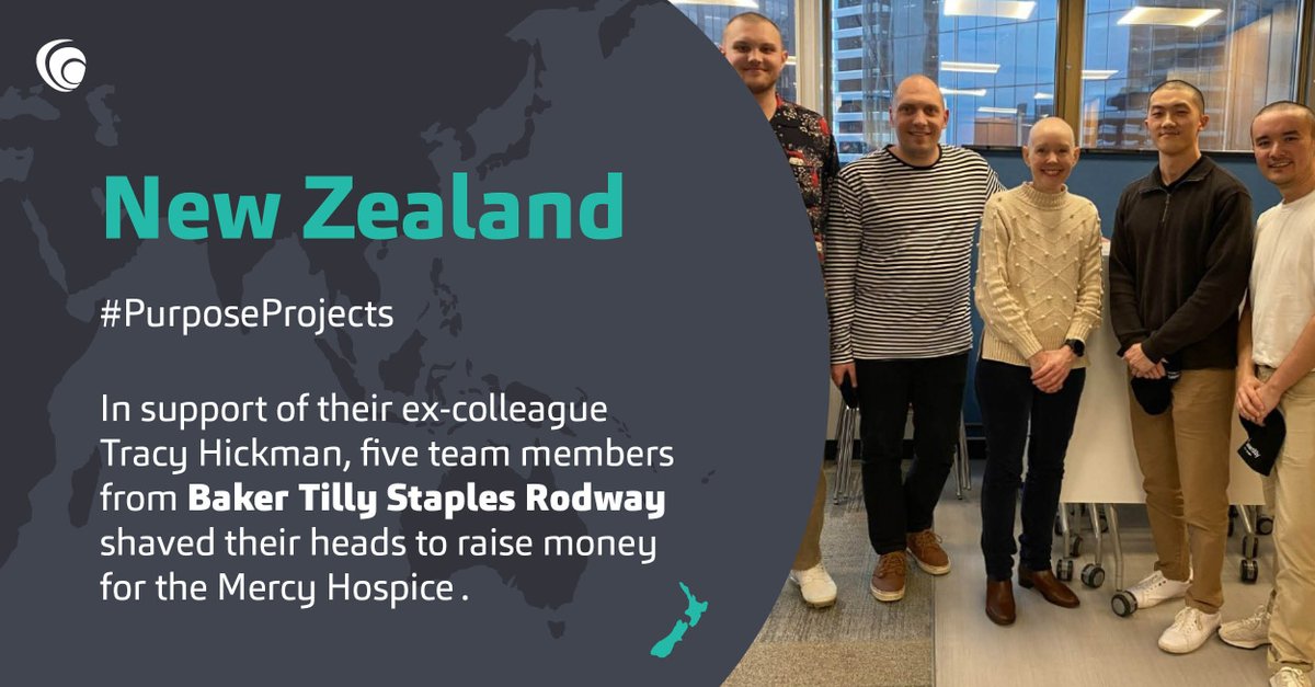 BakerTillyInt's tweet photo. Baker Tilly Staples Rodway's Auckland office organised a Shave for Tracy event, where five team members bravely shaved their heads to show support and raise funds for Mercy Hospice.

#PurposeProjects 👏 https://t.co/Y5OhC6W4BA