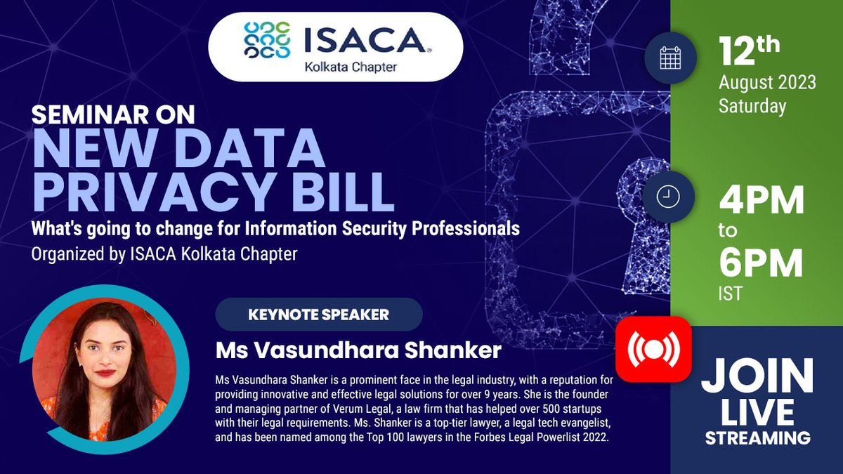 IsacaChapter's tweet photo. New Data Privacy Bill: What's going to change for Information Security Professionals
Presented by ISACA Kolkata Chapter

📅 Online Live Seminar Date: 12th August 2023
⏰ Time: 04:00pm to 06:00pm
✅ Joining Fee: Free

Live Here: https://t.co/tHRJlCC7lp

#isacakolkatachapter https://t.co/sxhL8ArnwM