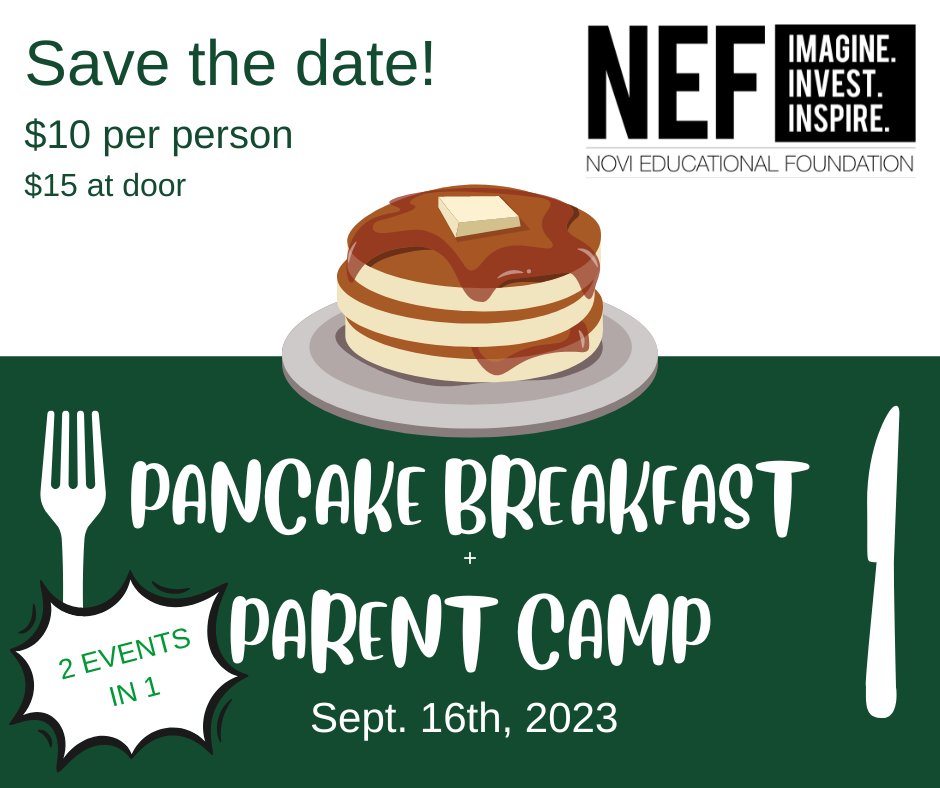 SAVE THE DATE: Sept. 16, 2023 Pancake Breakfast.
We're proud to introduce a partnership with the Novi Mental Health Alliance, bringing  more value to the event by incorporating our Parent Camp into the day's activities. Participants now have the option to attend 1 or both events.