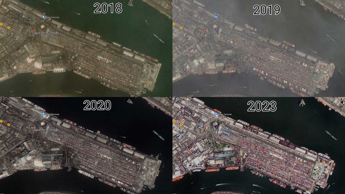 OvaborLabs's tweet photo. Curious about the changes in Apapa port in Lagos, Nigeria from 2019-2023? Here's a satellite snapshot. Our incubation @robavospace Analytica offers intelligence-as-a-service to navigate this. Need geospatial, open-source, persistent intel analysis? Contact us to get started. https://t.co/ShOve7TCre