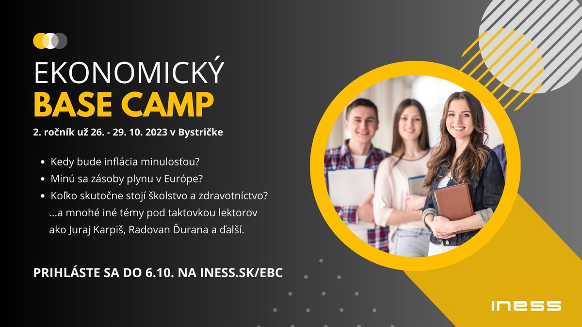 INESSinstitute's tweet photo. Ekonomický base camp dnes otvára prihlasovanie do 2. ročníka!

INESS prichádza s jedinečnou príležitosťou pre mladých ľudí a 26. – 29.10 pripravuje 4-dňové podujatie.

Základy ekonómie, zvedavosť a záujem sú pre účasť nevyhnutné 🙂 

Viac info nájdete tu: https://t.co/XLC1RuuShr https://t.co/23UyEBpDAR