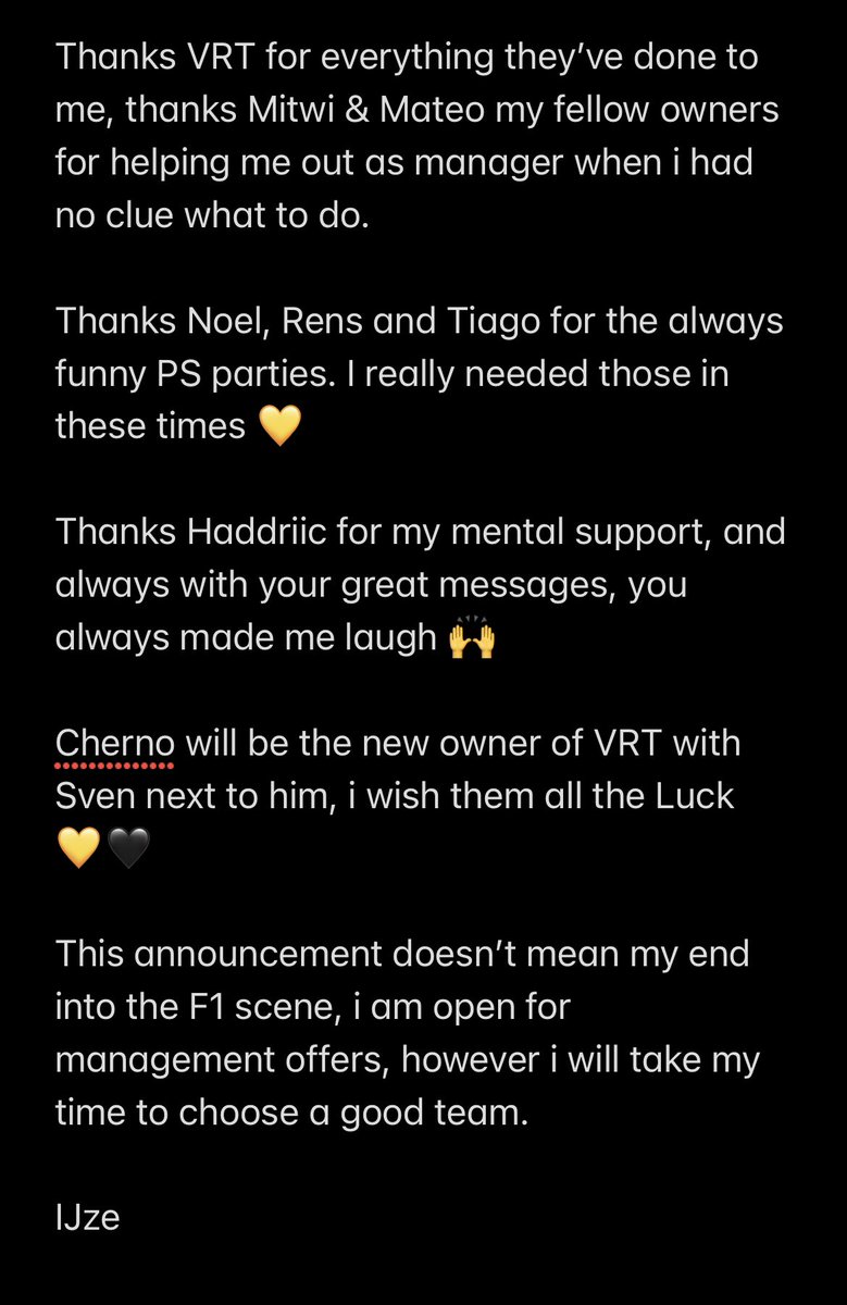 IJze (@ijze_t) on Twitter photo π£ Announcement | <a href="/VRTeSportsTeam/">Victus Racing Team</a>
Thanks for everything VRT, you were not only a team you were my family ππ
Open for Management offers.
#WeAreVictus π£ Announcement | <a href="/VRTeSportsTeam/">Victus Racing Team</a>
Thanks for everything VRT, you were not only a team you were my family ππ
Open for Management offers.
#WeAreVictus