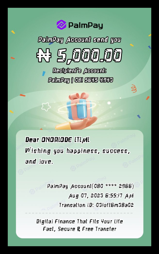 Onoriode_Itimi's tweet image. @palmpay_ng @palmpay_ng 
God bless palmpay #PalmPayGiveawayTracker #PalmPayDeyPay @avive @avive @Benjaminadamso @iammrblossom  Kudos to Palmpay, you sure die, first class giveaway platform