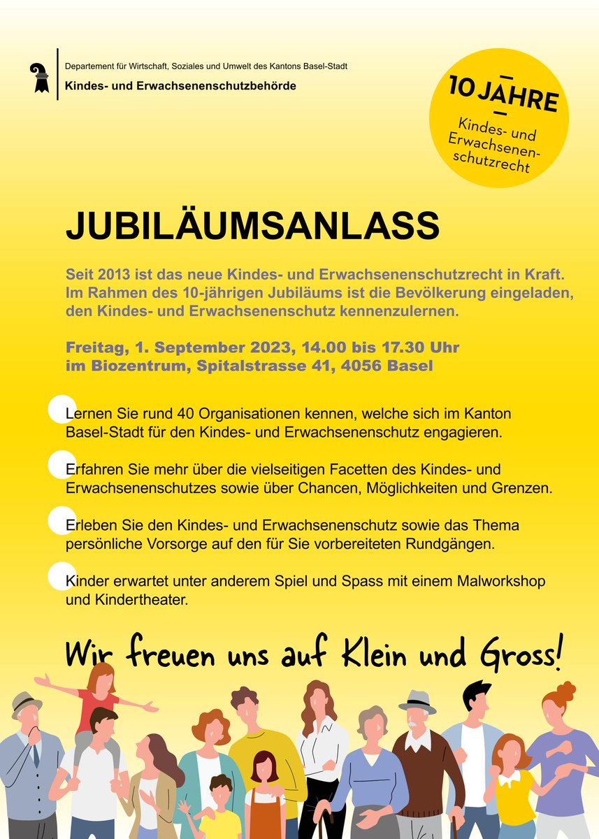Interessanter Anlass der Kindes- und Erwachsenenschutzbehörde Basel-Stadt. Herzliche Glückwünsche zum 10-jährigen Jubiläum! Wir freuen uns auf die Teilnahme.