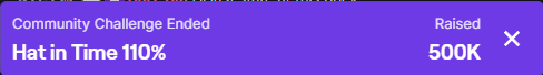 Feels like its been over a year but we finally hit the 110% community goal! Gonna brush-up on my Hat stuff and organise this for a weekend. Long stream coming soon