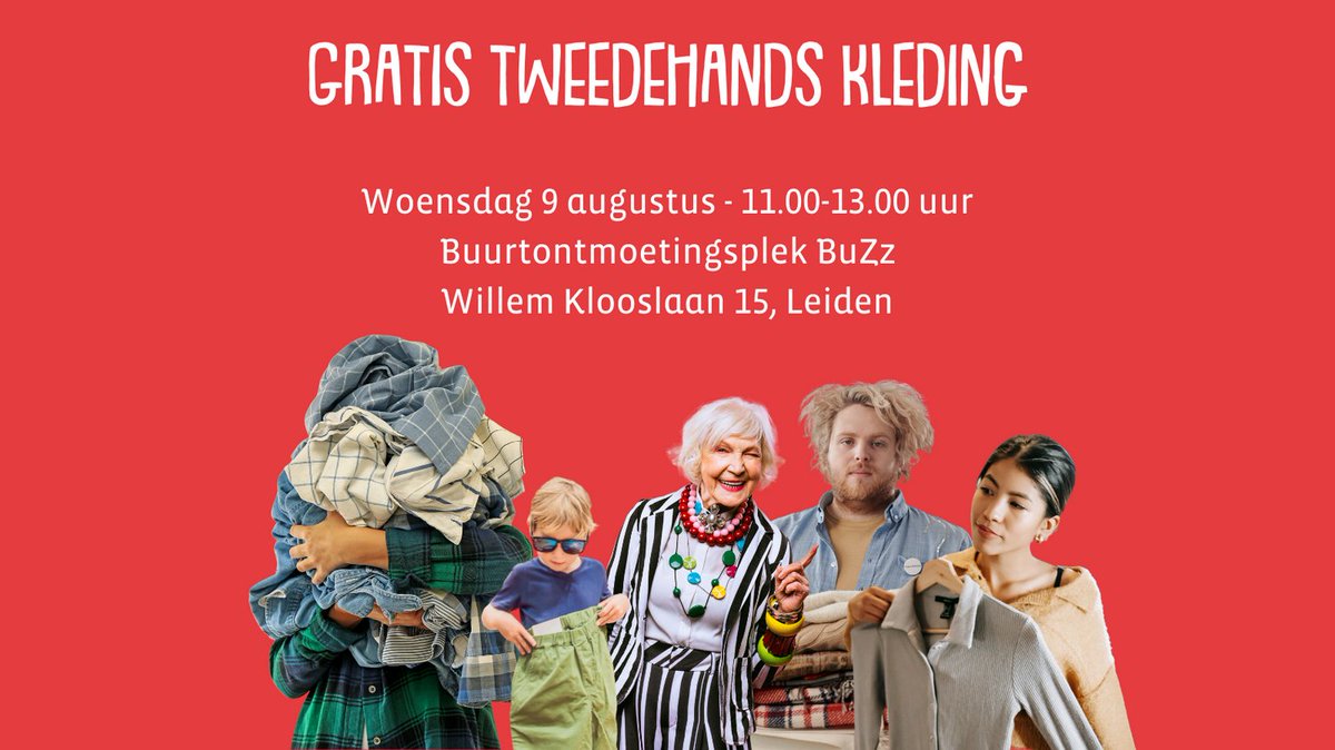 𝗪𝗼𝗲𝗻𝘀𝗱𝗮𝗴 𝟵 𝗮𝘂𝗴𝘂𝘀𝘁𝘂𝘀 kun je bij BuZz terecht voor 𝗴𝗿𝗮𝘁𝗶𝘀 𝘁𝘄𝗲𝗲𝗱𝗲𝗵𝗮𝗻𝗱𝘀 𝗸𝗹𝗲𝗱𝗶𝗻𝗴.
Je bent van 11.00 tot 13.00 uur van harte welkom in de buurtontmoetingsplek van BuZz aan de Willem Klooslaan 15.