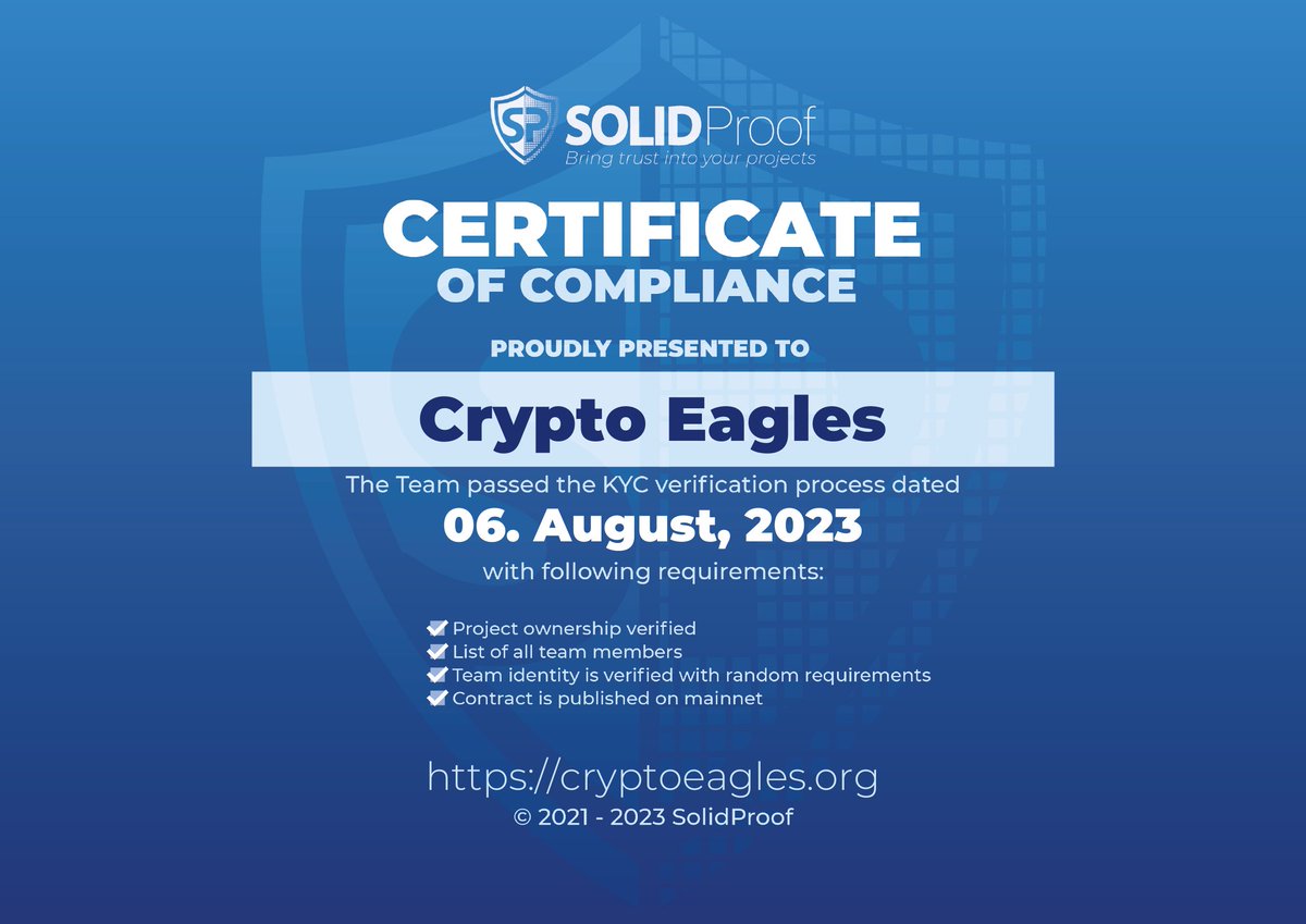 We are happy to announce that the @CryptoProject6 team has succeeded in our  KYC process. Next to being official marketing partners of SolidProof, Crypto  Eagles are now the first marketing team to