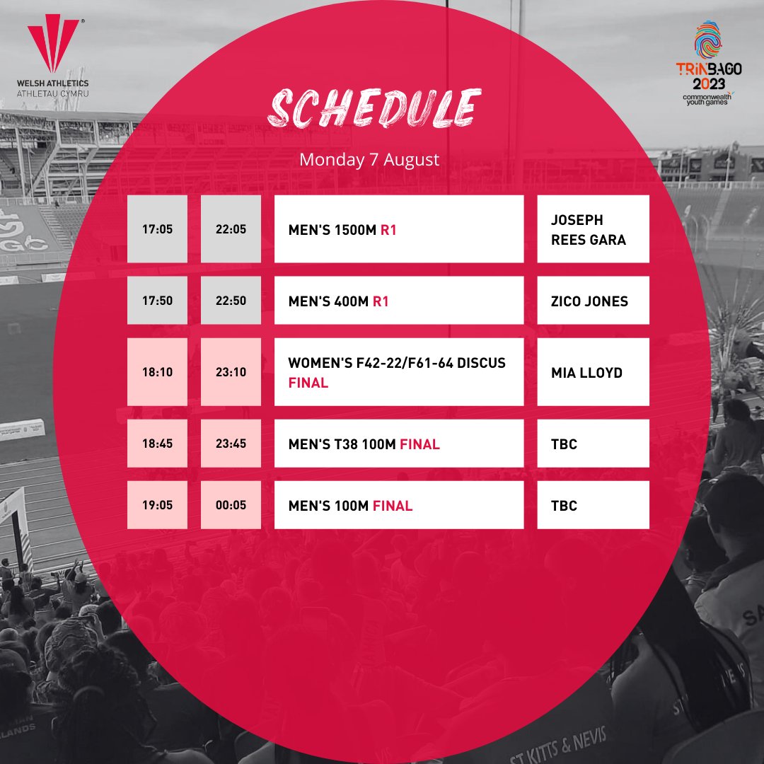WelshAthletics's tweet photo. Athletics gets underway today at the 2023 Trinbago Games!  🏃‍♀️

 📆 Today's schedule | Scediwl heddiw 🏴󠁧󠁢󠁷󠁬󠁳󠁿

Watch the action live here ➡️ https://t.co/uAWPZleIDK

#tîmcymru #Trinbago2023 https://t.co/wI6D8WRpl5