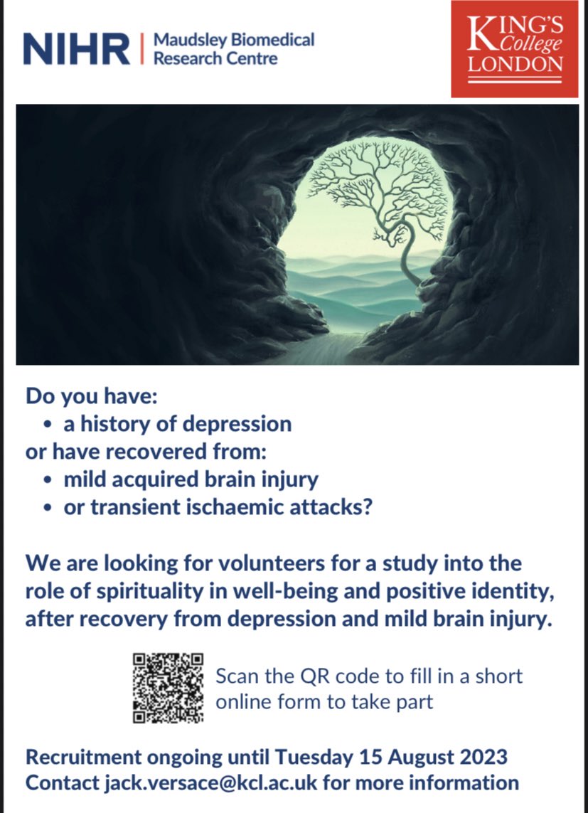 Have you recovered from depression or acquired brain injury? This <a href="/KingsIoPPN/">Institute of Psychiatry, Psychology & Neuroscience</a> study is seeking to understand the role of spirituality in recovery.

Fill in a short online form to take part: qfreeaccountssjc1.az1.qualtrics.com/jfe/form/SV_2t…

#depression #concussion #spirituality  #recovery #identity