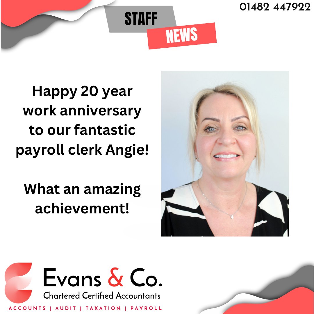 Angie, one of our fantastic payroll clerks, is celebrating her 20 year work anniversary today! She has worked tirelessly for so many of our clients to ensure they have their payroll and payslips on time and we massively appreciate all her hard work with us over the years.