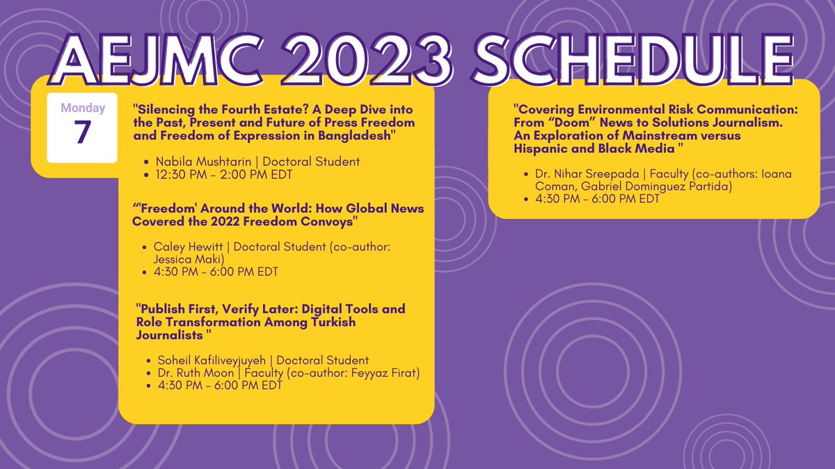 🗓️ Here is today’s <a href="/ManshipSchool/">LSU Manship School of Mass Communication</a> schedule at #AEJMC23 Many students and a new faculty colleague on today’s slate. Check it out! 🐯