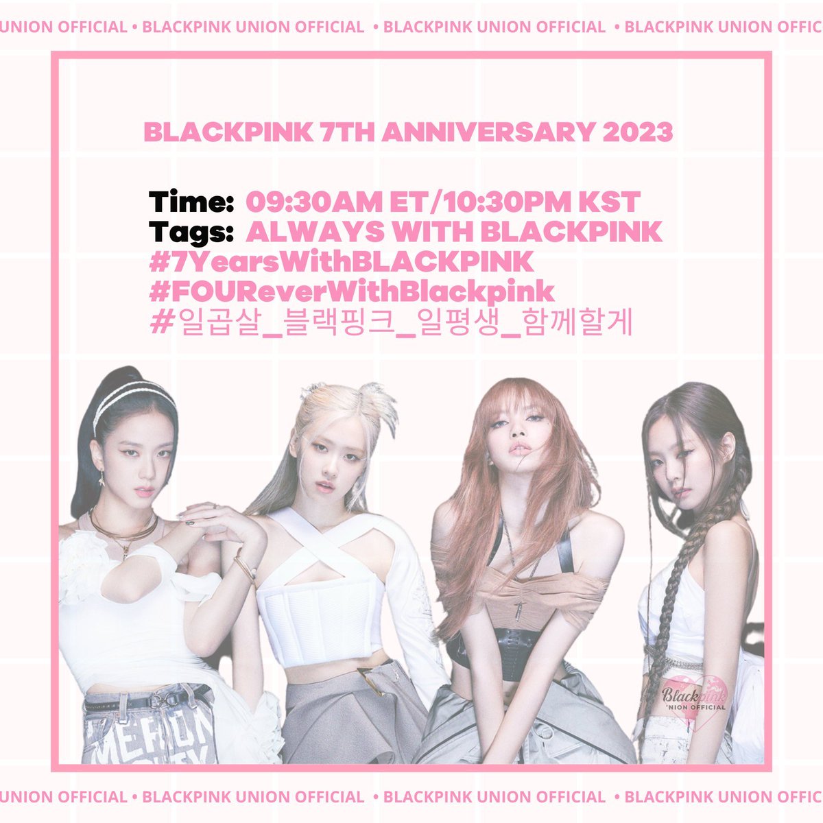 BPFanbaseUnion's tweet photo. 🚨🚨🚨🚨

BLACKPINK's 7th anniversary trending party starts NOW! Use the tags below and have fun, Blinks! 

ALWAYS WITH BLACKPINK 
#7YearsWithBLACKPINK 
#FOUReverWithBlackpink 
#일곱살_블랙핑크_일평생_함께할게
@BLACKPINK https://t.co/uXG2D3fL5d
