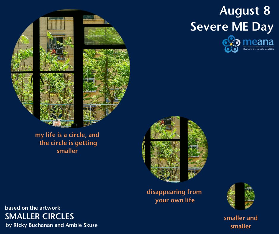 MEAdvNetAu's tweet photo. On August 8 we acknowledge people living with #severeME

’Smaller Circles’ by @jeshyr and @AmbleSkuse details living with severe ME: https://t.co/N9Ls1DLI8T

Please note that the audio version may not be suitable for people with auditory disturbance. 
#SevereMEDay https://t.co/IgcxwgLMeD