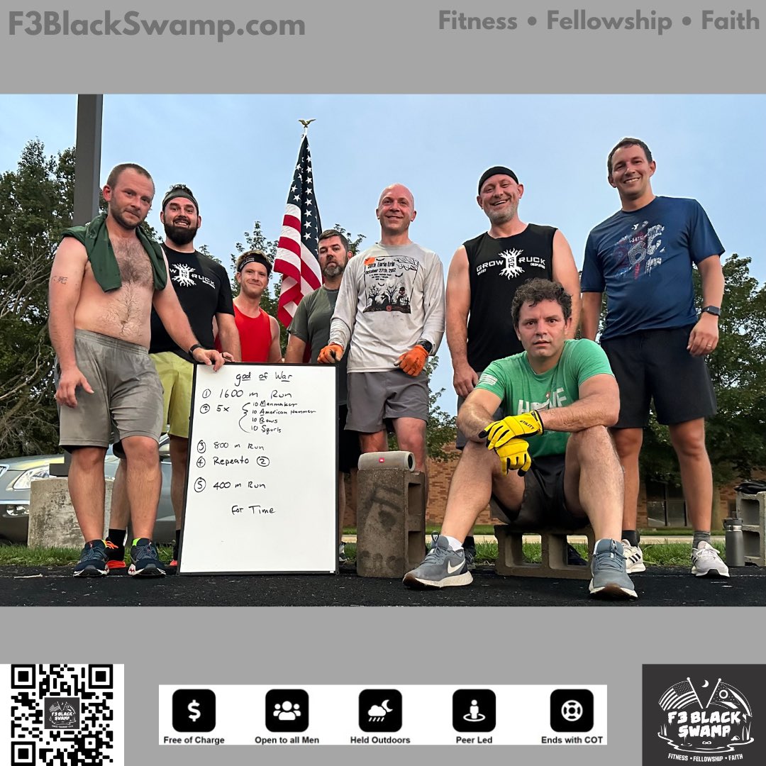 F3BlackSwamp's tweet image. Men put in work at 5 AO’s across the Swamp with 4 more posting #DownRange with our @F3Toledo  brothers. Great start to the week!

#F3 #F3BlackSwamp #IronSharpensIron #Fitness #Fellowship #Faith