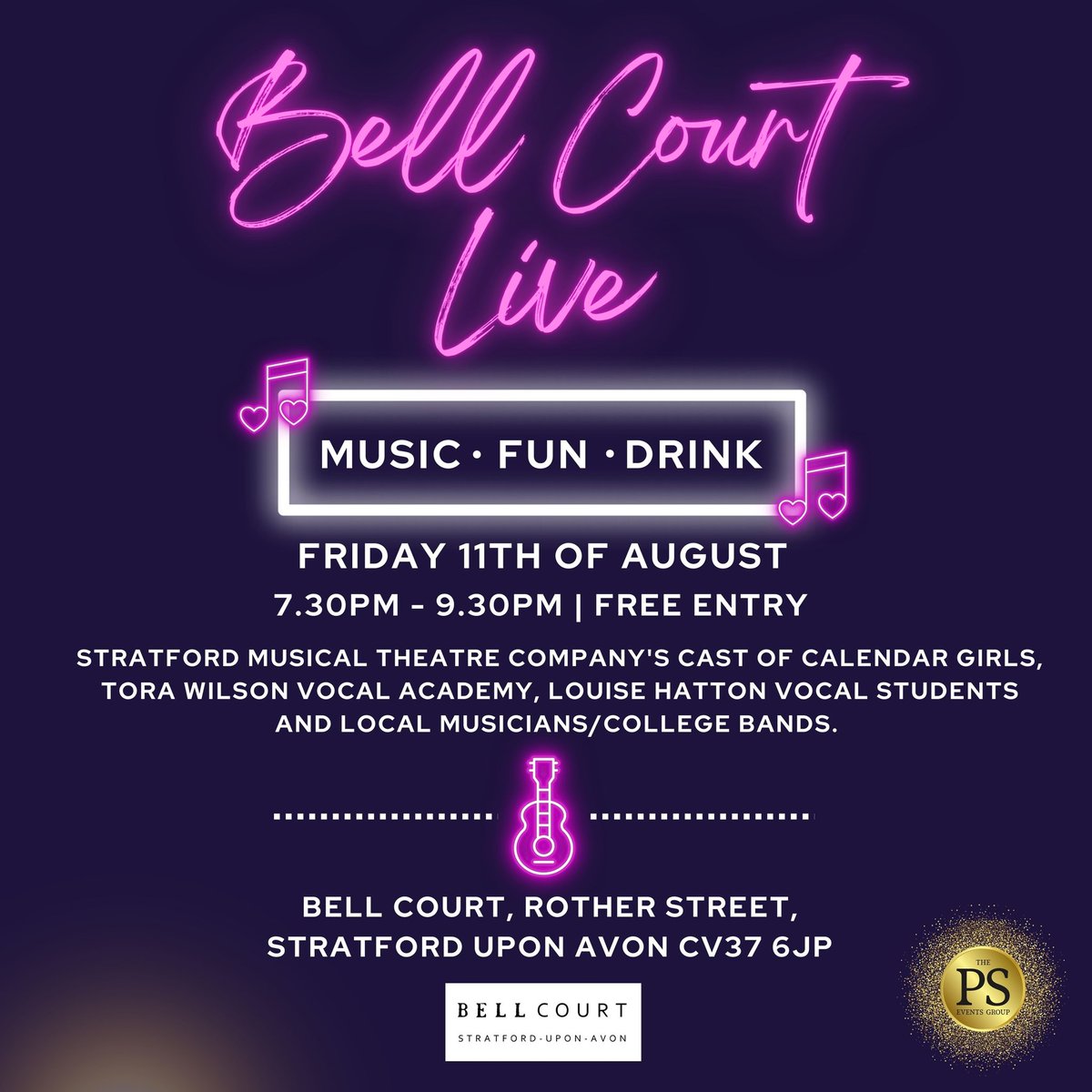 4 days until BELL COURT LIVE 🎸🎤🎶⁠
⁠
Get ready for a night to remember as you enjoy a showcase of amazing local artists, delicious food and drinks 🤩!⁠
⁠
It's free entry so bring your friends along too💃🕺⁠
⁠
⁠
#bellcourtlife #bellcourtlive #stratforduponavon #livemusic