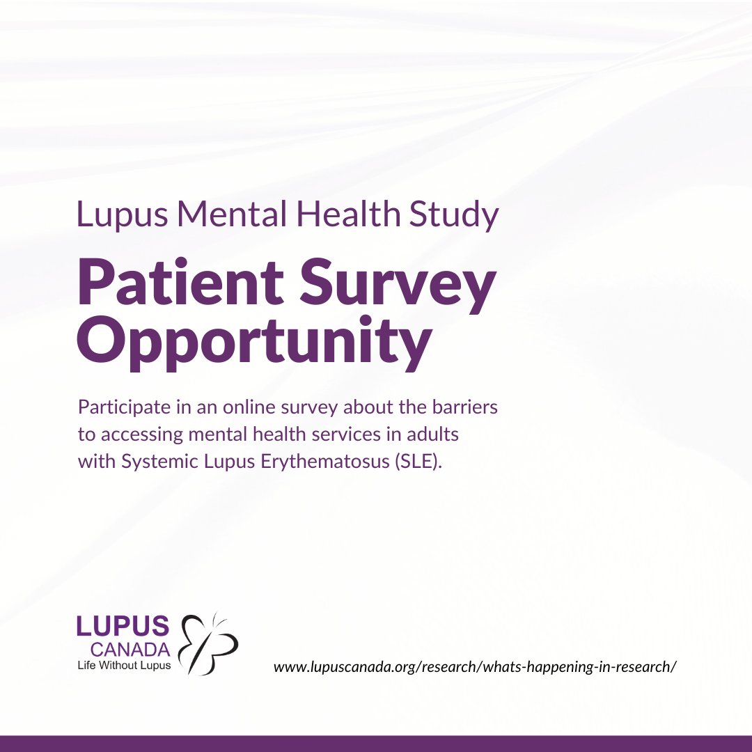 The Division of Rheumatology at the University of Alberta invites you to participate in a brief survey focusing on mental health in individuals with #SLE

For more information on this survey visit lupuscanada.org/wp-content/upl… 

#LetsTalkLupus #lupusawareness #autoimmunedisease