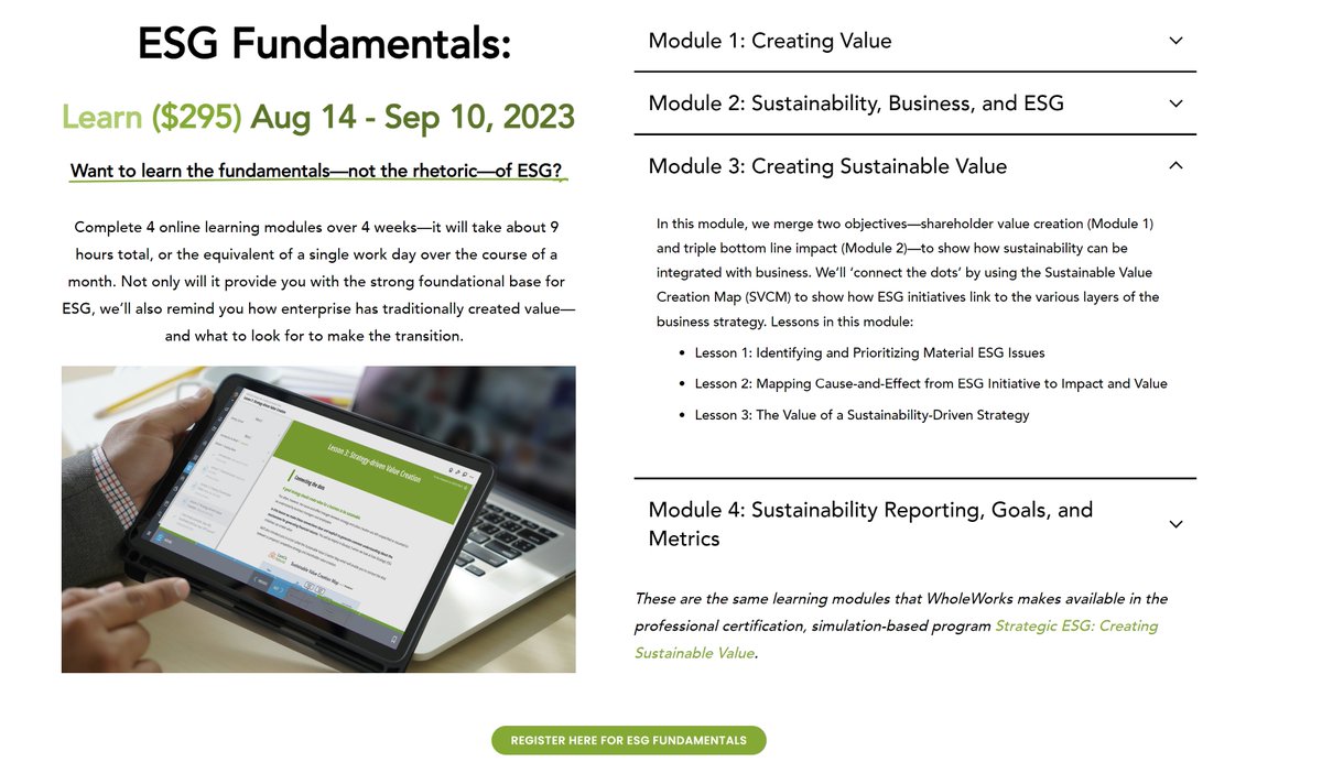 Register by Aug 9, 2023 for ESG Fundamentals OR ESG Essentials.  Fundamentals is just the facts. Essentials includes facts + coaching to apply to your organization. US $ 295 wholeworks.com/esg-fundamenta… #Sustainability #ESG cc @DaveStangis <a href="/neilchawkins/">Neil Hawkins</a> @deirdrewhite <a href="/trishkenlon/">Trish Kenlon</a>