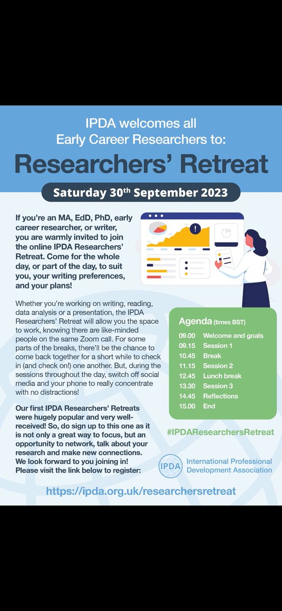 #SaveTheDate
IPDA is running another #IPDAResearchersRetreat on Sat 30th Sept. For just £5, spend the day focusing &amp; networking with other doctoral/MA students. Tickets go on sale end of Aug.
Pls RT.
#phd #PhDs #phdlife #EdD #phdchat #phdvoice #AcademicTwitter #AcademicChatter
