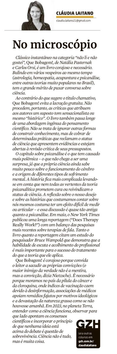 Ladilait's tweet photo. No mesmo dia, leio notícia sobre reunião do povo antivax na Câmara de Vereadores de POA e Lula sancionando ozonioterapia. E ainda falam mal (sem ler) do livro da Pasternak e do Orsi. A coluna de hoje é sobre “Que Bobagem!”. https://t.co/JyLaQqfB64