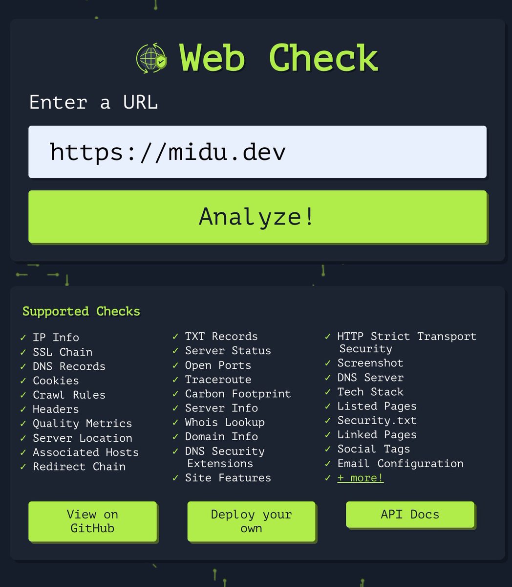 midudev's tweet image. Herramienta para sacar toda la información de una web

✓ Revisa buenas prácticas de seguridad
✓ DNS, Text Records, SSL, IP info y más
✓ Métricas de calidad y optimización
✓ Localización del servidor y headers

El recurso es gratuito y muy útil:
➜ web-check.xyz