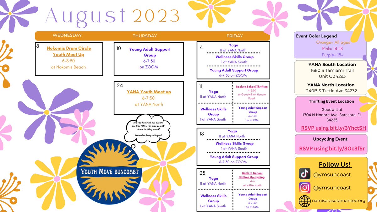ymsuncoast's tweet photo. Check out our August Calendar🍄 #backtoschool2023 #Nami #mentalhealthawareness #thrifting #upcycle #drumcircle https://t.co/7WN26AQkdn