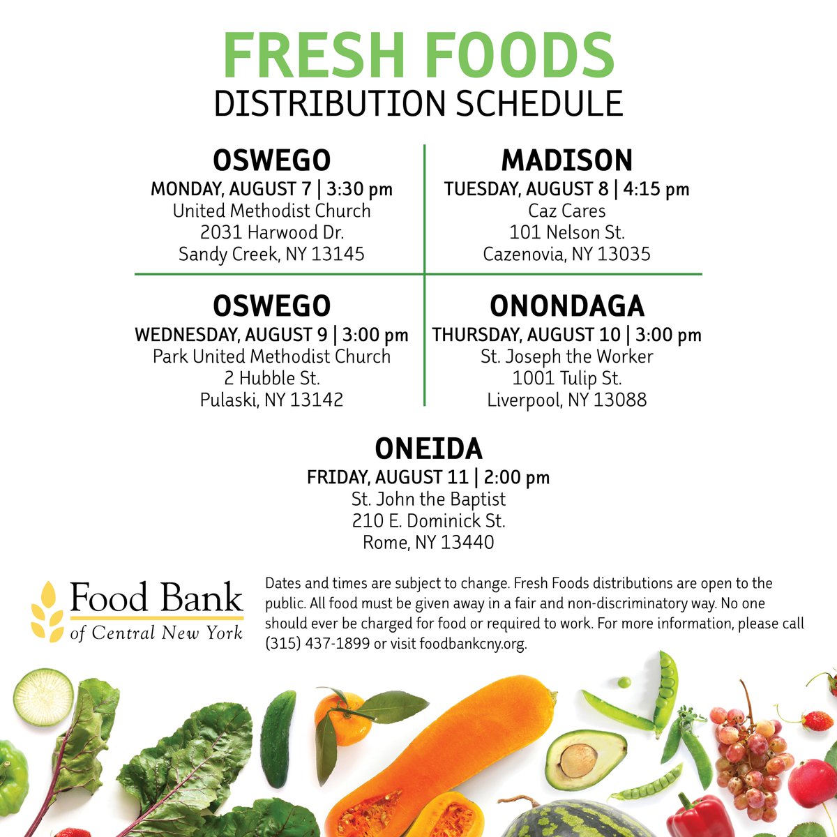 Looking for fresh food items at no cost? We're here to help!

🚛: Our Mobile Food Pantry will be in #Marietta, #Munnsville, #PortByron, and #Syracuse.

🍎: Food Bank partner agencies are hosting distributions in #SandyCreek, #Cazenovia, #Pulaski, #Liverpool, and #Rome