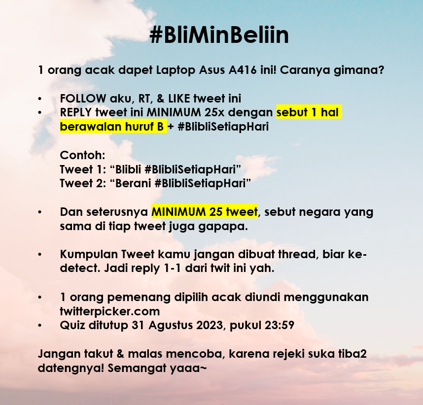 Mau #BliMinBeliin laptop ASUS ✨𝒈𝒓𝒂𝒕𝒊𝒔✨?

Cek gambar untuk caranya, semoga kali ini rejeki kamu yaa! Cuuus reply yuk! 👇 

#BlibliSetiapHari <a href="/bliblidotcom/">Blibli</a> 🌊
