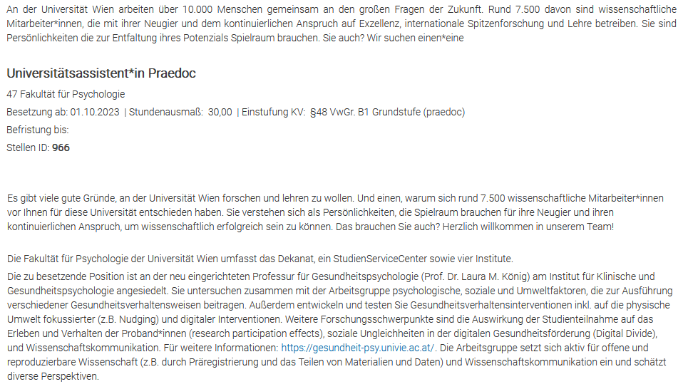 Dr. Laura M. König (@lauramkoenig) on Twitter photo Wir suchen Dich! Promotionsstelle in der Gesundheitspsychologie (75%, befristet auf 4 Jahre) an der Universität Wien <a href="/univienna/">Universität Wien</a> ab Oktober 2023 oder später zu besetzen. Thematisch offen. Wir ❤️ #OpenScience und #Wisskomm.
Weitere Informationen unter jobs.univie.ac.at/job/Universit%…. Wir suchen Dich! Promotionsstelle in der Gesundheitspsychologie (75%, befristet auf 4 Jahre) an der Universität Wien <a href="/univienna/">Universität Wien</a> ab Oktober 2023 oder später zu besetzen. Thematisch offen. Wir ❤️ #OpenScience und #Wisskomm.
Weitere Informationen unter jobs.univie.ac.at/job/Universit%….