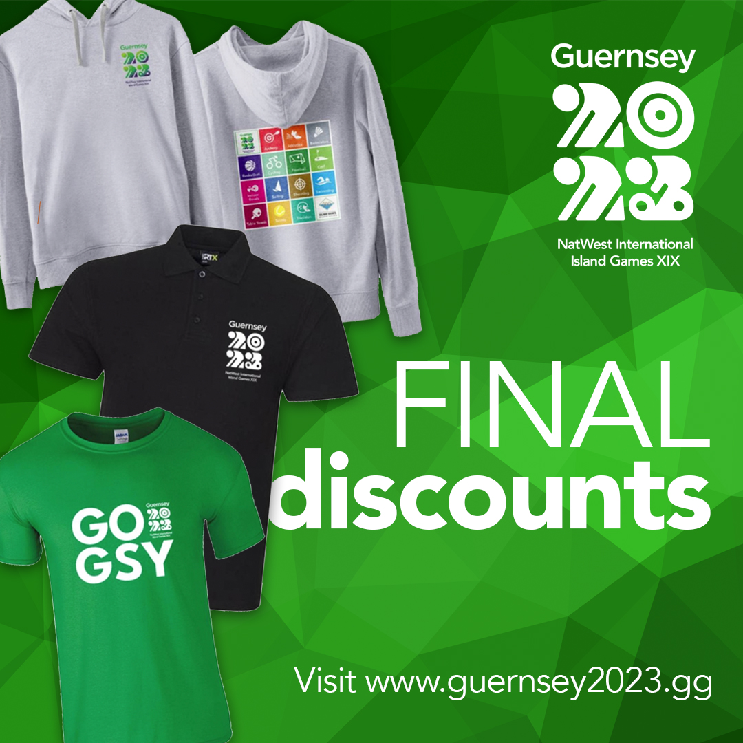 Final discounts on merchandise! 50% off kids hoodies and teeshirts. Discounts on adult items (mainly in larger sizes). Guernsey towels also available. Offers available till 13 August. There's not much left, so get in there quickly! See guernsey2023.gg