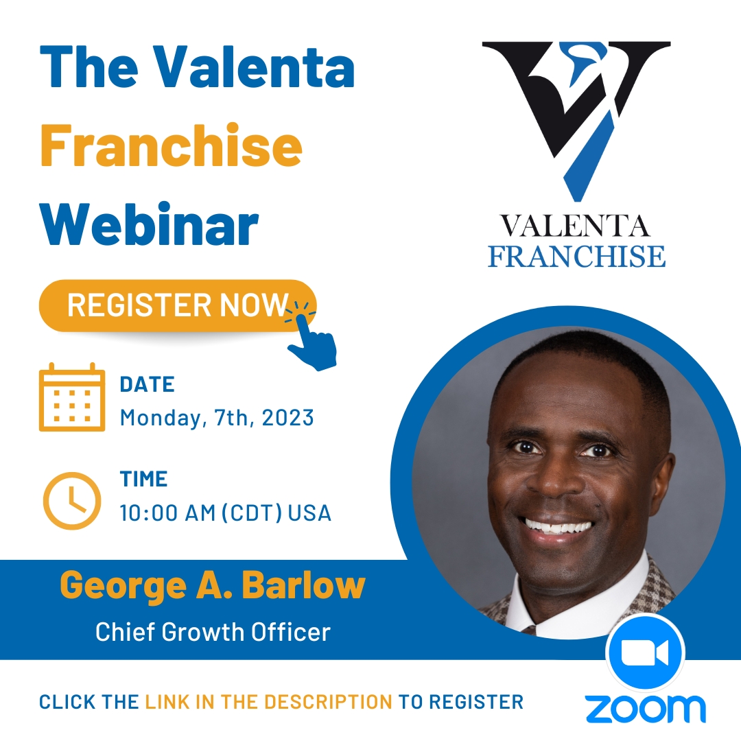 📅 Join us today at 10 am CDT: 'The Valenta Franchise Opportunity' Webinar to discover the incredible benefits of being a Valenta franchisee with George Barlow. Register now: zurl.co/irwK 

#FranchiseOpportunity #Franchisebrokers